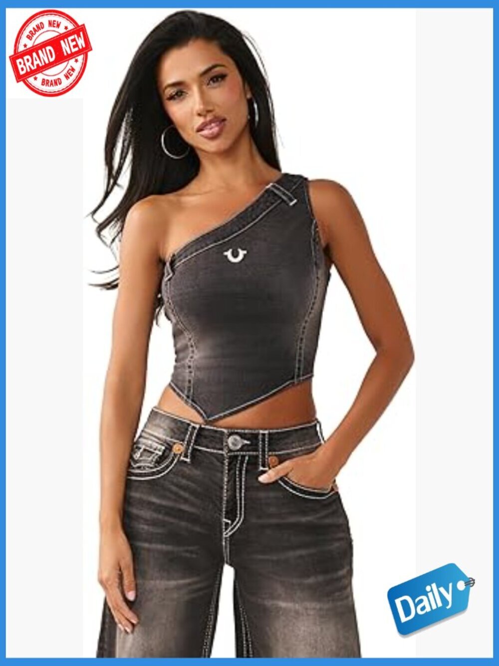 Asymmetric Off-Shoulder Crop Top – Sparkly Logo Long Sleeve